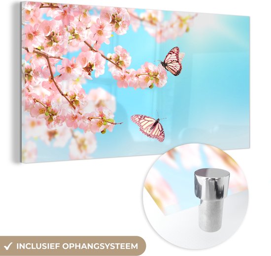MuchoWow - Glasschilderij - Vlinder - Bloemen - Bloesem takken - Natuur - Roze - Insecten - Foto op glas - Acrylverf - 120x60 cm - Glasschilderij vlinders - Wanddecoratie glas - Glasschilderij bloemen - Muurdecoratie dieren