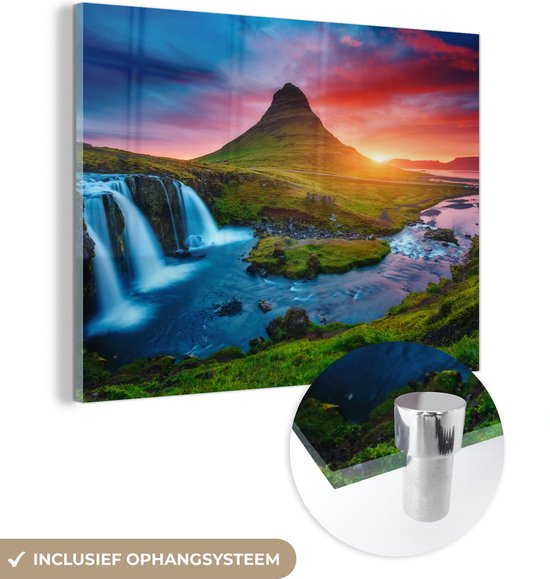 Peinture sur verre - Photo sur verre - Cascade - Islande - Coucher de soleil - Berg - Verre acrylique - Peinture sur verre nature - Peinture sur verre - 160x120 cm - Décoration murale - Décoration murale