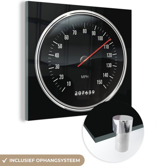 MuchoWow® Glasschilderij 90x90 cm - Schilderij acrylglas - Illustratie van een snelheidsmeter in het dashboard van een auto - Foto op glas - Schilderijen