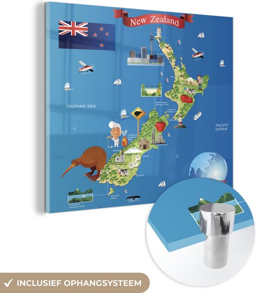 MuchoWow® Glasschilderij 90x90 cm - Schilderij acrylglas - Een cartoon illustratie van de kaart van Nieuw-Zeeland - Foto op glas - Schilderijen