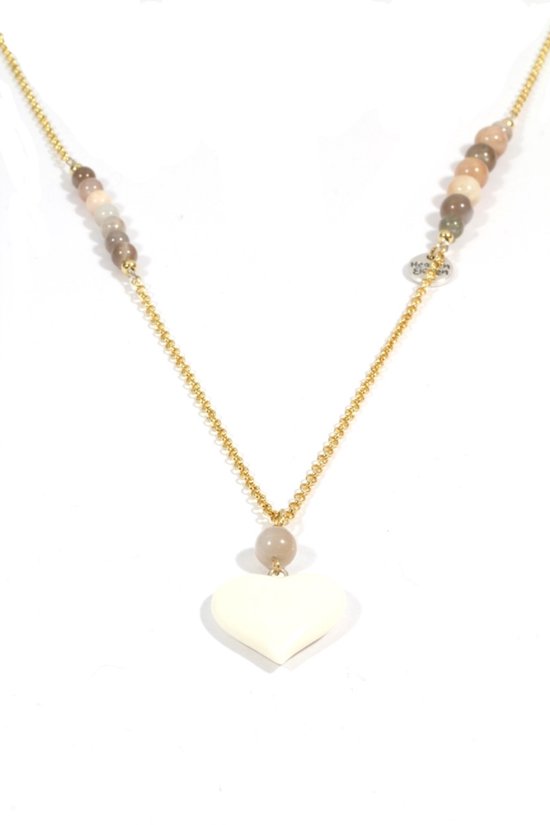 Collier Heaven Eleven plaqué or - perles de pierre de soleil - coeur de bois de cerf blanc
