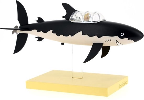 Sous-marin requin noir avec ligne blanche ondulée, Tintin et Milou dans le cockpit, sur support jaune avec 'les icônes'.