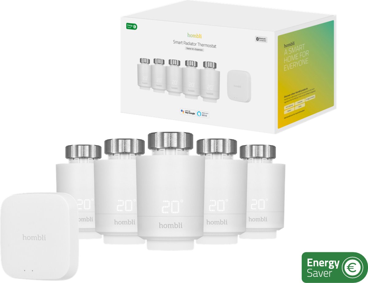 Hombli Slimme Radiatorknop - Thermostaatkraan- Thermostatisch - Starterspakket incl. Bluetooth/WiFi Hub - Verbruiksmeter - 5 Pack