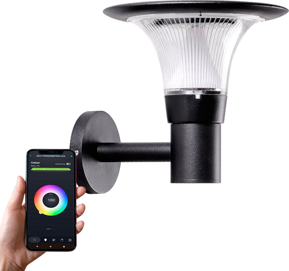 Iplux® Florence - Slimme Solar Wandlamp 23cm - Smartphone App Control - Warm Wit + Kleur - IP65 Waterproof