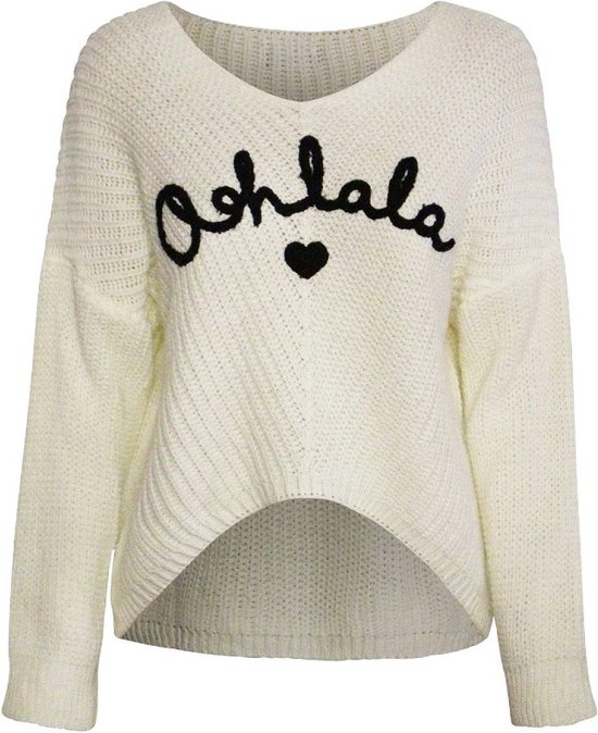 Witte Trui Oh La La | Dames Truien Sweaters - Trui met V hals & tekst - Trendy Dames Fashion - Wit