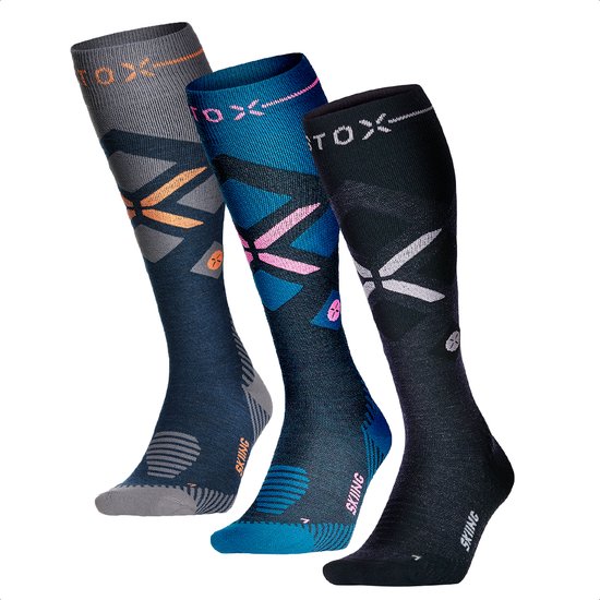 Chaussettes STOX Energy - Lot de 3 Chaussettes de ski pour femme - Chaussettes de compression Premium - Couleurs : Blauw/ Oranje - Vert d'eau/Rose et Bleu foncé/Rose - Taille : Large - 3 paires - Avantage