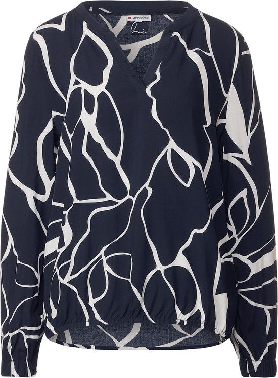 Street One Printed splitneck blouse with tape - Dames Blouse - Deep Blue