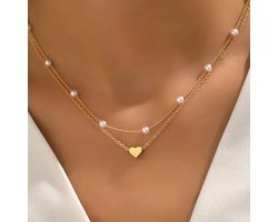 Goudkleurige 2-delige Ketting met Hartje & Parels - Prachtige Dames Collier met Parel Hanger - Pax Amare