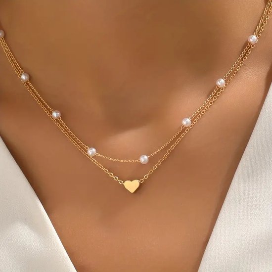 Collier 2 pièces doré avec cœur et perles - Magnifique collier pour femme avec pendentif en perles - Pax Amare
