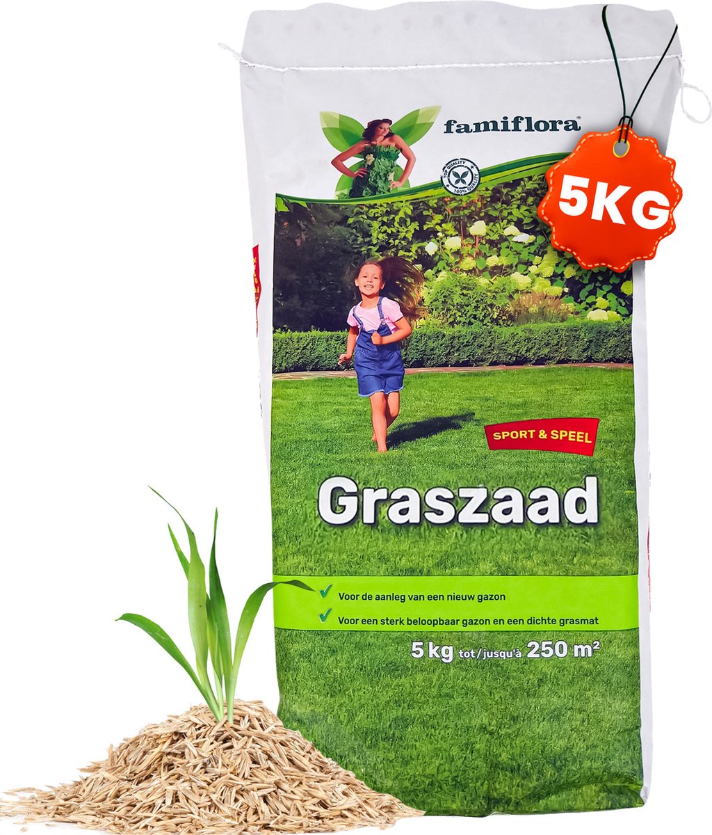 Famiflora Graszaad Speel & Sport - Sterk Graszaad voor Speelgazon en Sportgazon - 5 kg voor 250m² - Met Coating