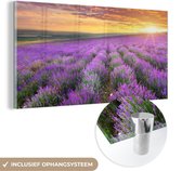 MuchoWow® Glasschilderij 120x60 cm - Schilderij acrylglas - Lavendel - Wolken - Lente - Foto op glas - Schilderijen