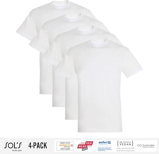 4 Pack Sol's Heren T-Shirt 100% biologisch katoen Ronde hals wit Maat M