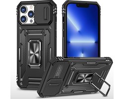Podec Coque pour iPhone 13 Pro Max Zwart - Coque Anti-Choc Hybride Armure avec Ring de Béquille et Protecteur d'écran