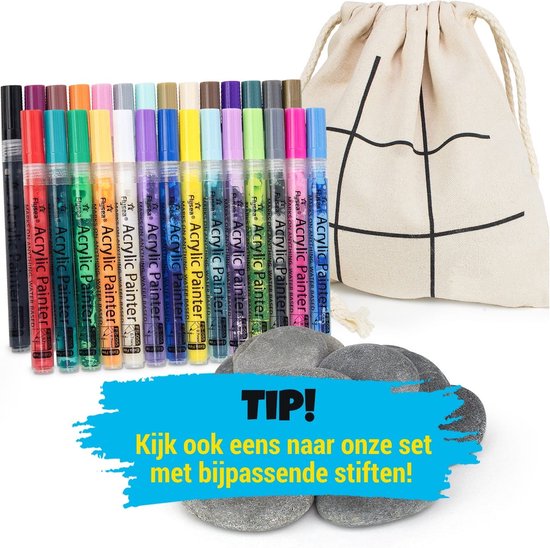 Set met 20 gekleurde acrylverfstiften, met een stoffen zakje en grijze stenen.