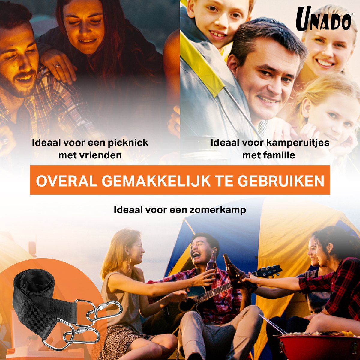 Unado Ophang Koord Voor Hangmat, Hangstoel / Schommel - Hangmat Bevestigingsset Inclusief Haken - Karabijnhaak - Hangmat Standaard -Schommelophangset - Hangmat Ophangsysteem -150cm - Tot 1000kg - Boomvriendelijke Hangmat Ophangset - Set Van 2Stuks — afbeelding 4