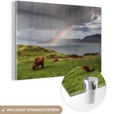 MuchoWow® Glasschilderij 60x40 cm - Schilderij acrylglas - Schotse Hooglander - Gras - Wolken - Foto op glas - Schilderijen