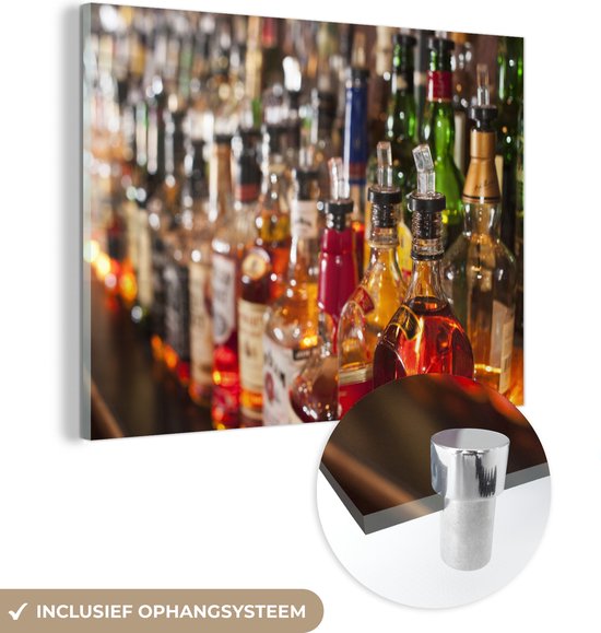 MuchoWow® Glasschilderij 40x30 cm - Schilderij acrylglas - Flessen met sterke drank - Foto op glas - Schilderijen