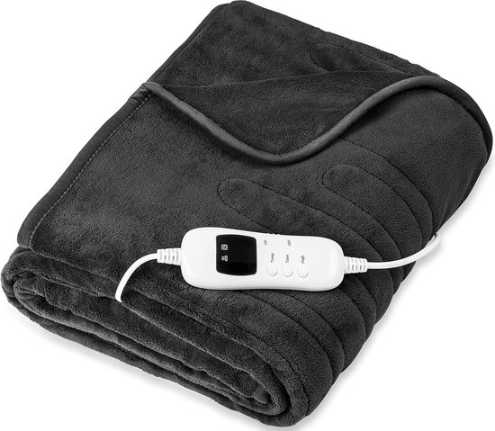 Warmtedeken van Pluche 180x130cm Antraciet - Elektrische deken met automatische uitschakeling - 9 temperatuurstanden met digitaal display - wasbaar tot 40gr