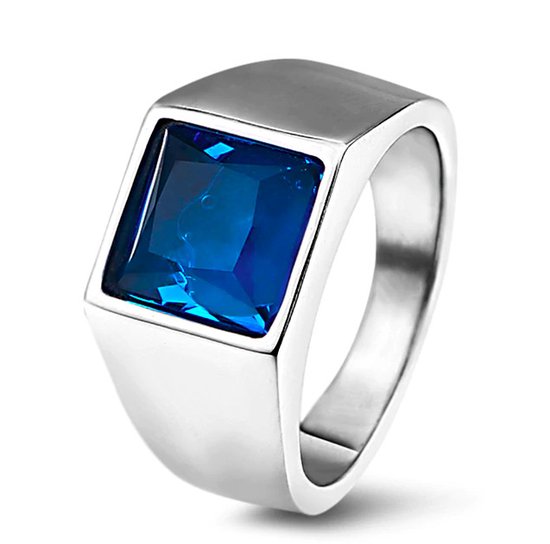 Zegelring Heren Zilver kleurig met Blauwe Steen - Staal - Ring Ringen - Cadeau voor Man - Mannen Cadeautjes