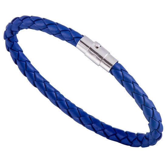 Gevlochten Leren Armband met Stalen Sluiting - Blauw - Armband Heren Dames - Cadeau voor Man
