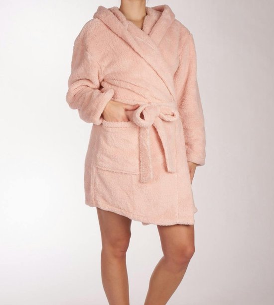 SCHIESSER Essentials badjas - dames kamerjas teddy fleece comfort fit roze - Maat: XL