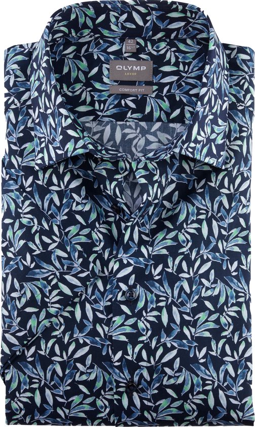 OLYMP Luxor comfort fit overhemd - korte mouw - popeline - lichtgroen dessin - Strijkvrij - Boordmaat: 43