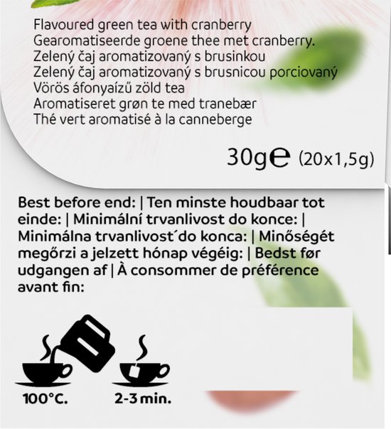 Pickwick Groene thee met cranberry. 30g verpakking met uitleg en bereidingsinstructies.