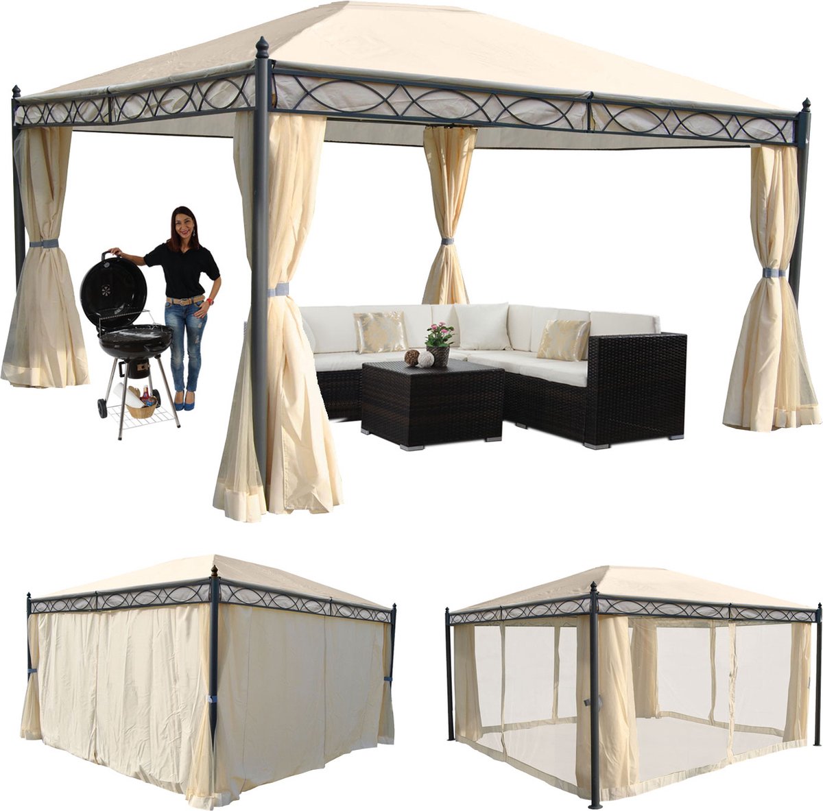 Cosmo Casa Pergola Cadiz- Tuinpaviljoen- Stabiel 7 cm frame met zijwand Muggennet -Crème 4x3m
