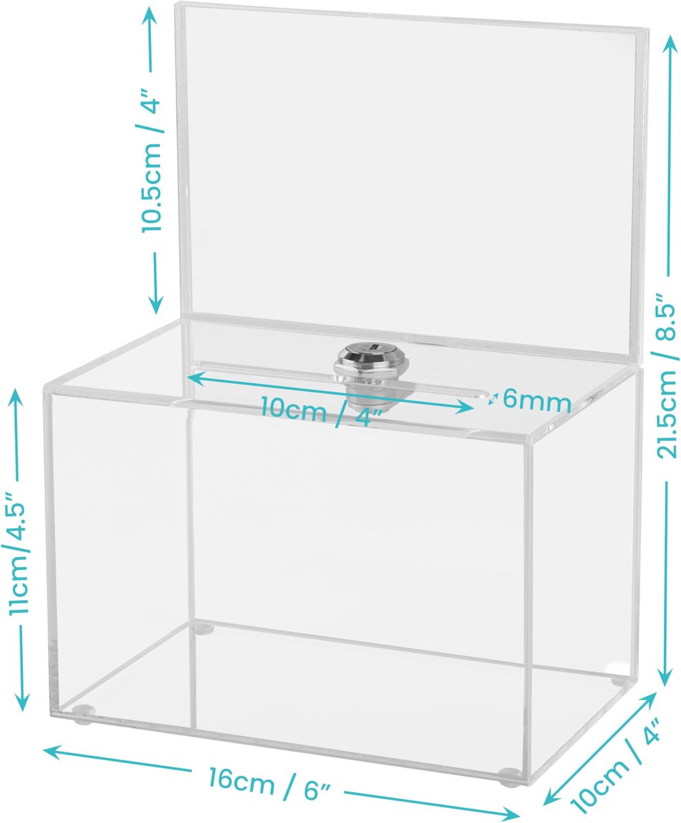 thumbnail image 2 of Clear Acrylic Donation Box With Lock & Sign Holder - 6"x4.3"x4", Includes 100 Raffle Tickets & Keys, For Fundraising, Suggestions 2 of 10