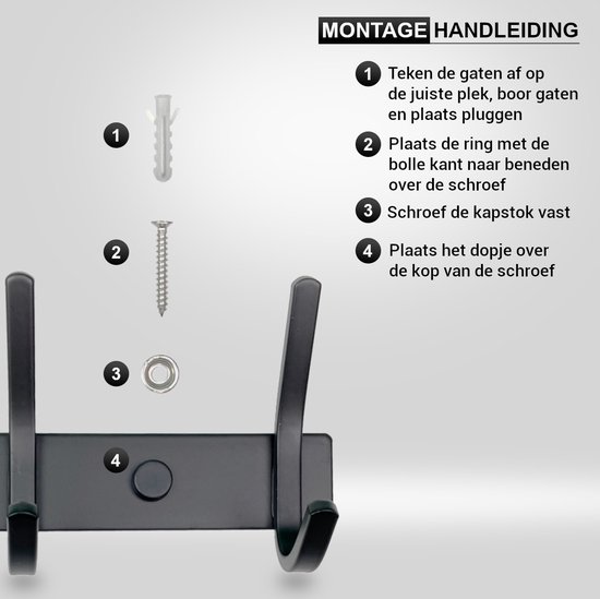 Montagehandleiding: 1. Teken gaten. 2. Plaats plug. 3. Schroef ring vast. 4. Plaats dopje.