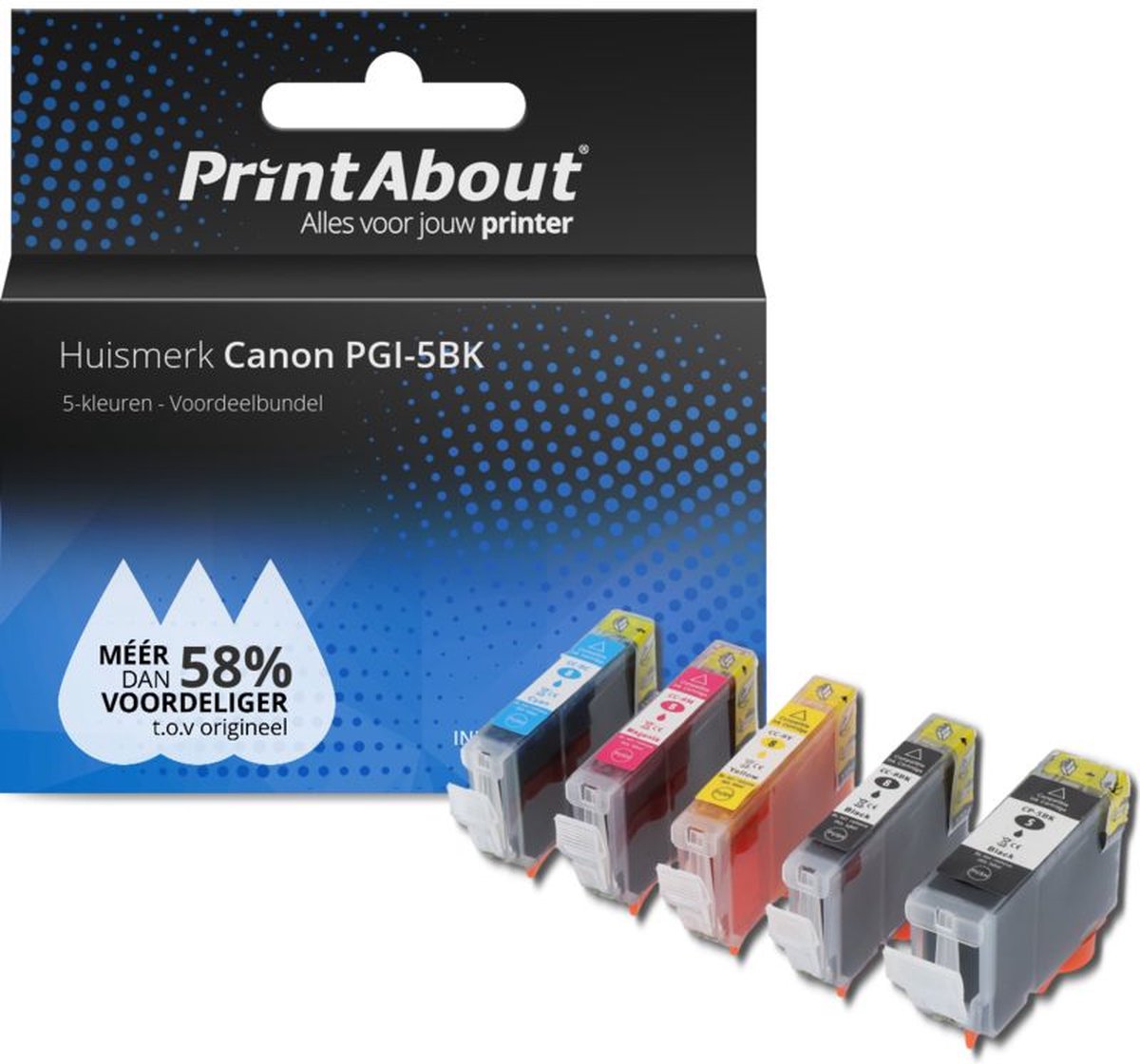 PrintAbout Inktcartridge / Alternatief voor de Canon PGI-5BK / 5 Kleruen 5-kleuren