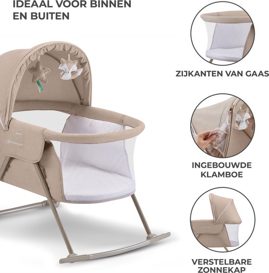 Beige wieg met kap, speelgoed en mesh zijkanten. Close-ups tonen speelgoed, rits en kap.