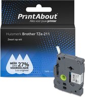 PrintAbout huismerk Tape TZe-211 Zwart op wit (6 mm) geschikt voor Brother