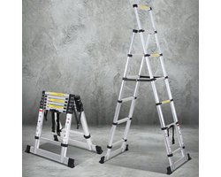 Telescopische Vouwladder – Telescopische Ladders Alu-A-Kader 1,7+2,0m – zilverachtig Met evenwichtsbalk