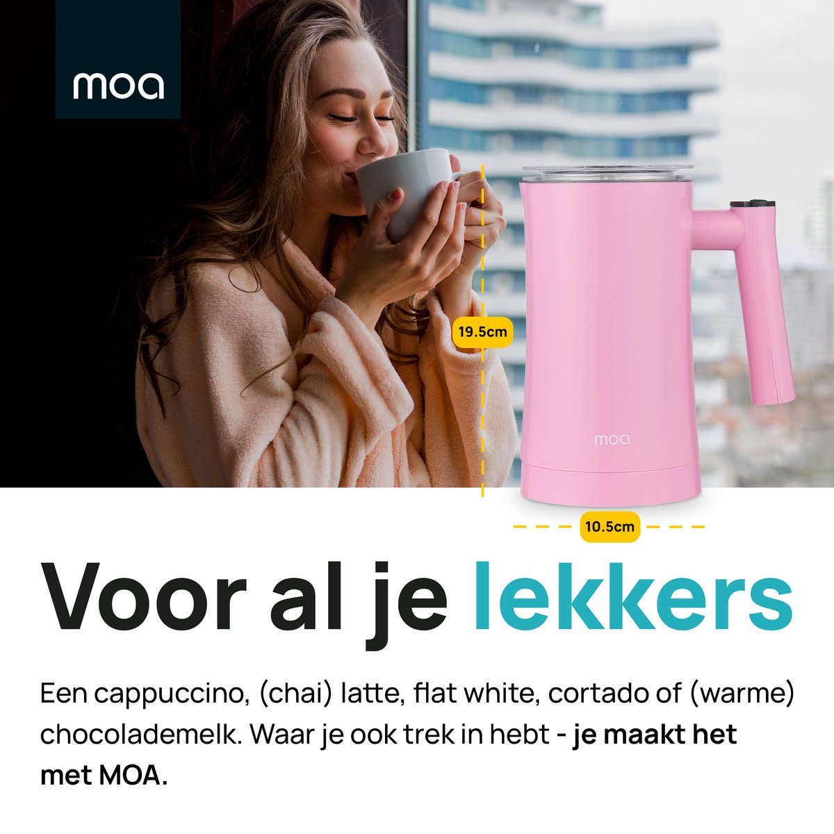 MOA Elektrische Melkopschuimer - 3-in-1 - Handige Melkschuimer - 330 ML - Voor Cappuccino - Melkklopper - Roze — cadeau in Kookcadeaus - foto 3