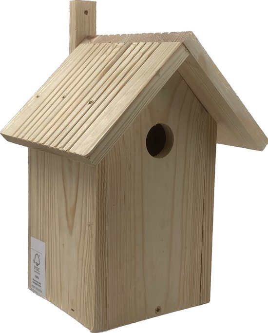 Maisonnette en bois avec label FSC, toit incliné et entrée ronde.