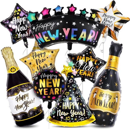9 pièces Ballon aluminium Nouvel An 2024, ballons Nouvel An avec étoile  champagne