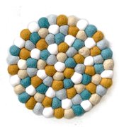 Vilten bolletjes onderzetter 22cm - Multicolor - wit, lichtblauw, turquoise, geel