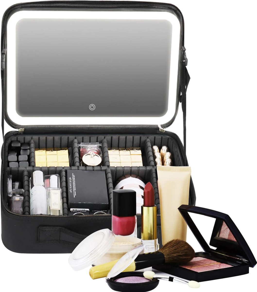 XL LED Spiegel Make Up Organizer Make Up Koffer 37cm x 26 5cm x 12 5cm Beautycase Verstelbare Vakken Tas Black