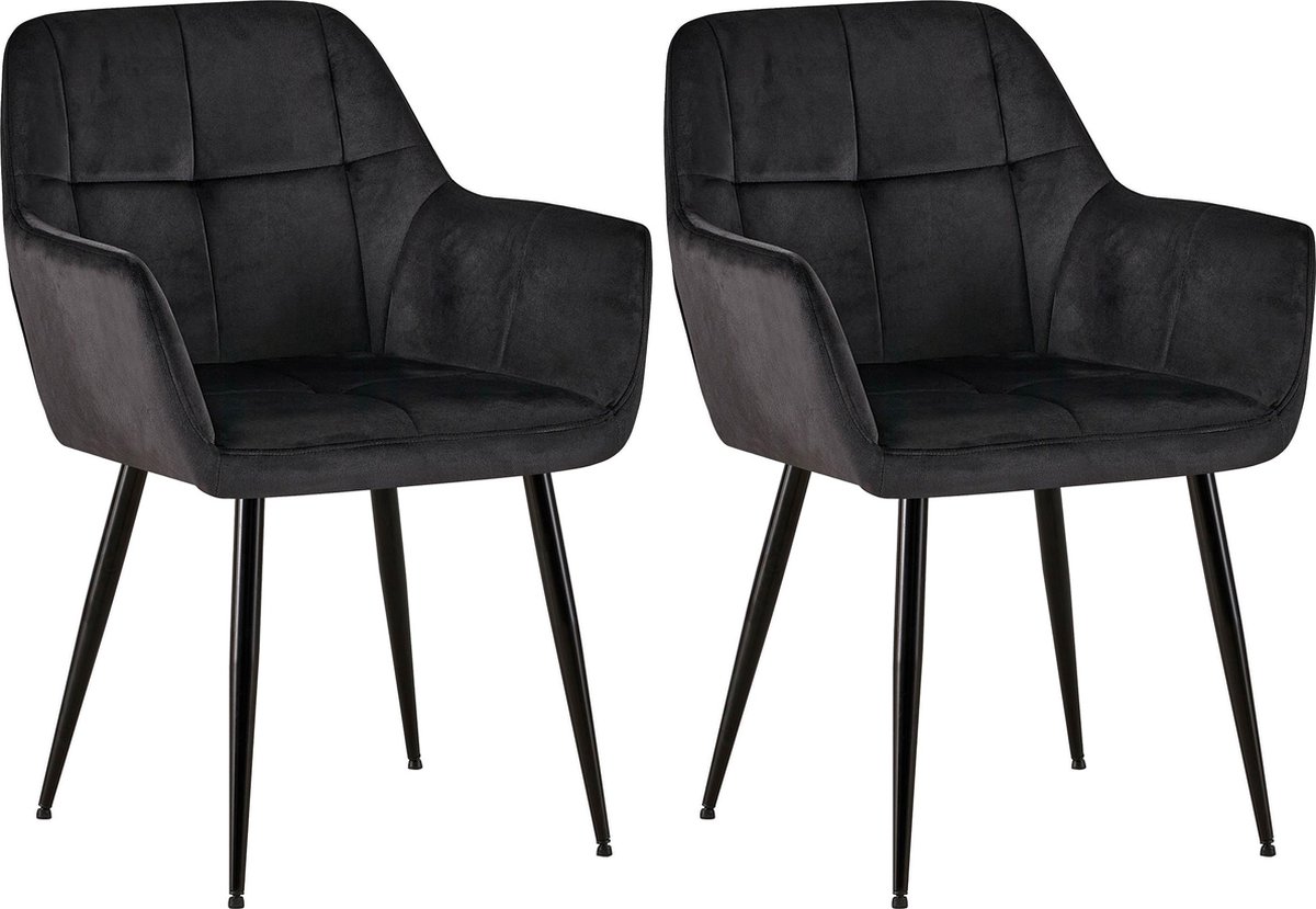 CLP Emia Set van 2 eetkamerstoelen - Met armleuning - Velvet - zwart
