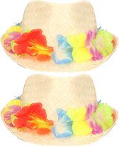 Toppers - 2x stuks stro verkleed hoedje met Hawaii party krans - Tropische feest thema hoeden