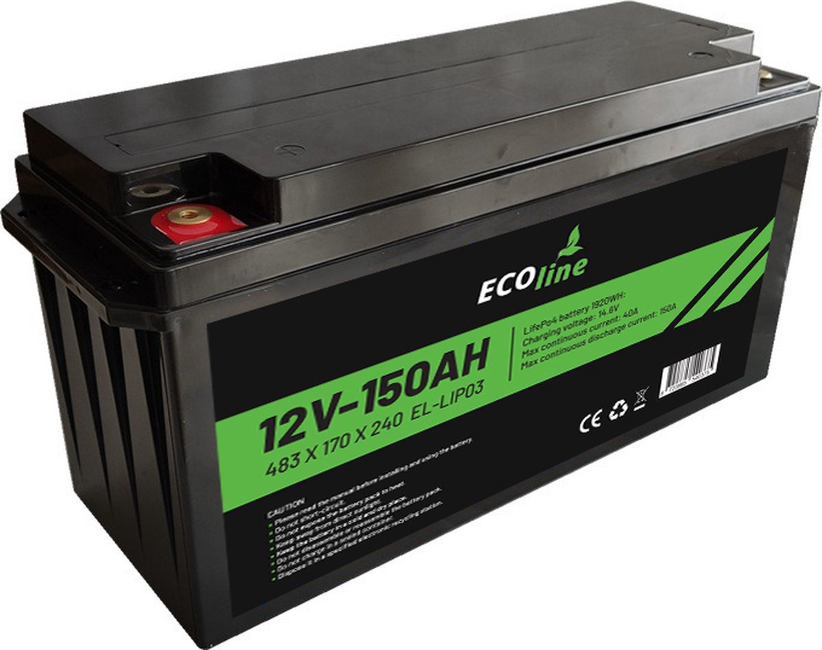 EcoLine - LifePo4 12V 150AH - 150000mAh lithium Batterij - 483 x 170 x 240 - Deep Cycle Accu + Bluetooth.