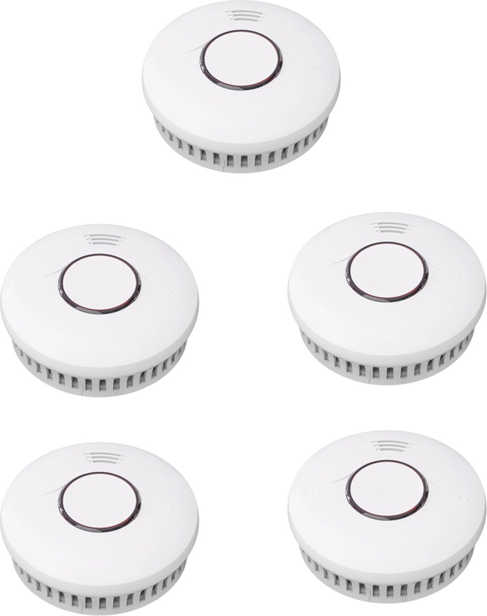 5x Rookmelder 10 jaar batterij – DVM – Optisch – EN 14604 – Onderhoudsvrij – Pauzeknop – 85 dB alarm – Voordeelset – Geschikt voor hele woning