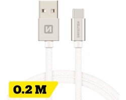 Swissten Korte USB-C naar USB-A Kabel - 20cm - Gevlochten Nylon - Oplaadkabel & Datakabel - Zilver