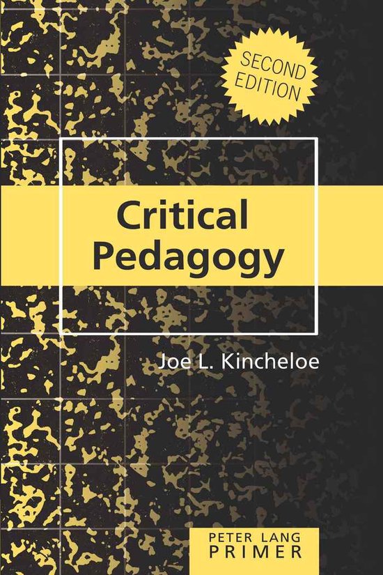 Boekkaft "Critical Pedagogy" in gele tekst met een abstracte, gouden en zwarte achtergrond. "SECOND EDITION" in gele cirkel.