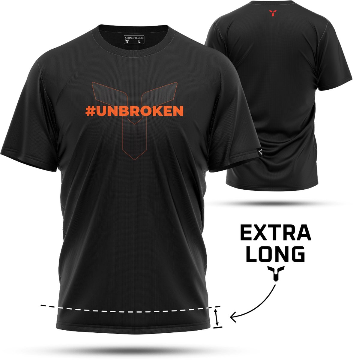 STRNG #unbroken – Zwart/Oranje – Maat XXL (2XL) - Extra Lang Sport shirt - Sportshirt - Heren - Korte Mouw - Lange Pasvorm – Snel drogend - 1 STUK