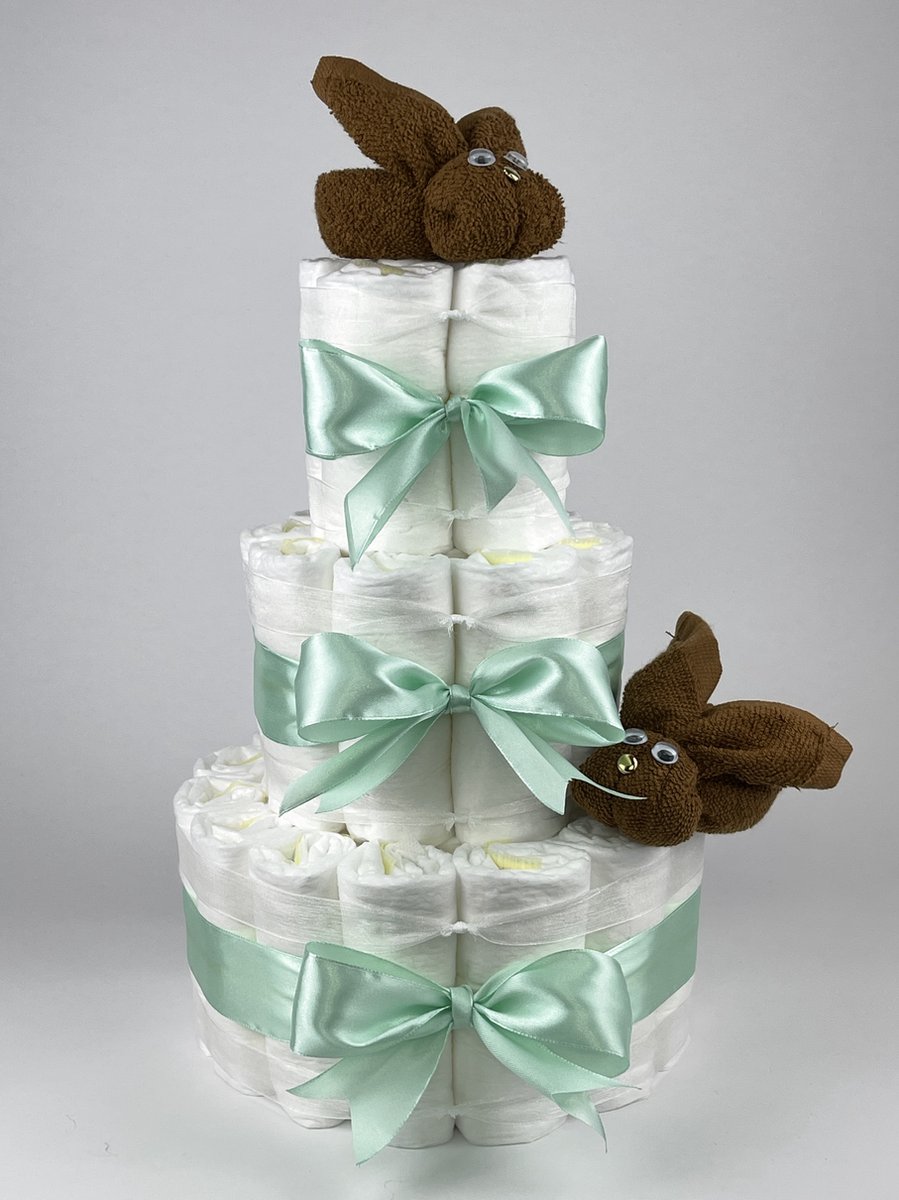Goedkoopste Chouette-Chouette | Luiertaart Neutraal | Kraamcadeau | Geboorte Jongen Meisje | Babyshower | Konijnen clay Bruin - Groen