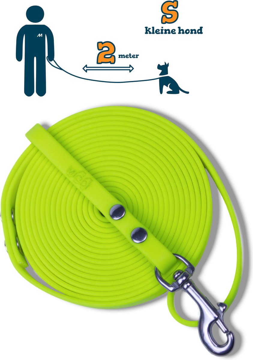 Miqdi hondenriem - BioThane – neon geel – 2 meter lang – 9mm breed – XS/S – kleine hond