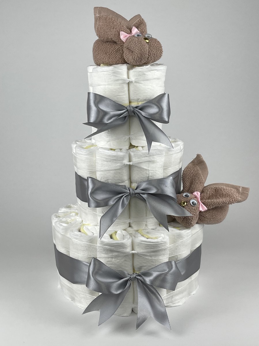Goedkoopste Chouette-Chouette | Luiertaart Meisje | Kraamcadeau | Geboorte Meisje | Babyshower | Konijnen Pinkstone - Grijs
