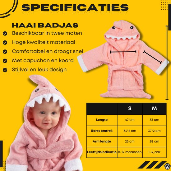 Baby Badjas Haai roze - 0-12 maanden (0-1 jaar) - ochtendjas - katoen - snel drogend - met capuchon - kraamcadeau - dierenbadjas - sinterklaas - haai - dier - meisjes en jongens - roze van Merkloos — afbeelding 3